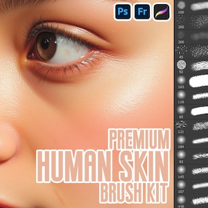 May include: A close-up of a woman's eye with a soft, natural skin texture. The image is used to promote a set of digital brushes for Photoshop and Procreate called "Premium Human Skin Brush Kit".