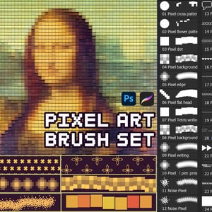 Puede incluir: Un conjunto de pinceles de arte pixel para Adobe Photoshop. La imagen muestra una versión pixelada de la Mona Lisa, junto con una variedad de muestras de pinceles. El conjunto de pinceles incluye patrones de cruz de píxeles, patrones de flores, puntos, fondos, bordes, cabezas planas, escritura Tetris, líneas oblicuas, marcas de tiempo, flechas de avance rápido, indicadores de carga, líneas de seguimiento y puntos coloridos.