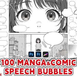 Op de afbeelding: Een set van 100 zwart-wit manga en comic spraakballonnen in .abr bestandsformaat. De afbeelding toont een verscheidenheid aan spraakballonnen, waaronder cirkels, vierkanten en onregelmatige vormen. De tekst "100 MANGA&COMIC SPEECH BUBBLES" wordt in rode letters onderaan de afbeelding weergegeven.