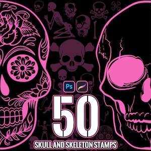 50 skull and skeleton stamps Procreate & PS Brushes | Procreate Stamp and Brush | Photoshop Stamp and Brush | Digital Download