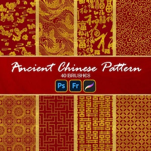 Peut inclure: Une collection de motifs chinois anciens rouges et dorés. L'image présente divers motifs, notamment de la calligraphie, des formes géométriques et des motifs floraux. Le texte "Ancient Chinese Pattern" est affiché sur une bannière rouge, avec des icônes de logiciels.