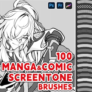 May include: A black and white illustration of a character with long hair holding a phone. The image is surrounded by a white border with the text "100 MANGA & COMIC SCREEN TONE BRUSHES" in red.