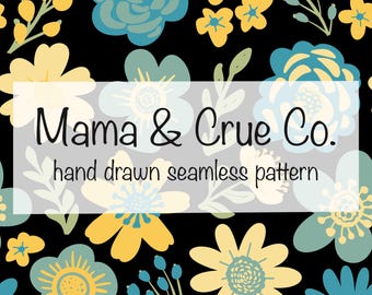 Blue Yellow Black Floral Seamless Pattern 300 DPI PNG Instant Download Digital Paper Vinyl Fabric Surface Design Blue Yellow Floral File