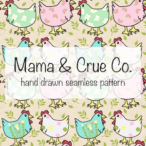 Floral Chickens Seamless Pattern 300 DPI PNG Instant Download Digital Papers Vinyl Fabric Surface Design Floral Chickens Pastel Farm File