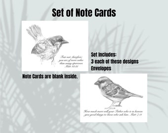 Note Card Set, 2 Designs, Sparrow, Bird, Bible Verse, Blank Card Inside, 5.5" x 4.38", with envelopes