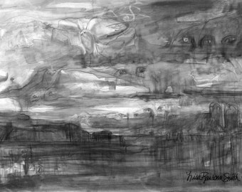 7"x5" Digital Download, Expressionistic Landscape, Graphite Drawing, Clouds, Birds