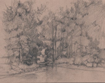 Summer Landscape, Graphite Drawing, Original, Toned Paper, Vintage Vibe, Trees, Lake, Boat