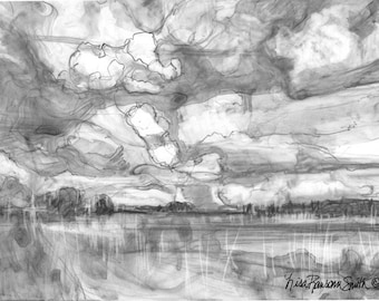 Digital Download, Abstract Landscape Art Print, Gray, Clouds 7"x5"