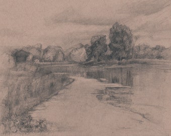 Drawing: Original Graphite Lake Landscape Drawing. Toned Paper creates a Vintage Feel. Summer Landscape, 12" x 9", Ready to frame.