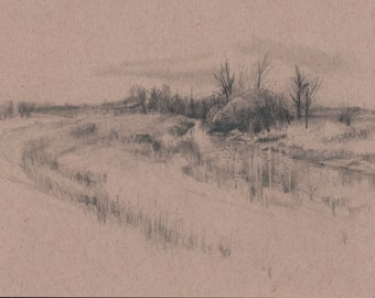 Drawing: Original Graphite Landscape Drawing. Toned Paper creates a Vintage Vibe.  Late Winter, Field with Stream, 12" x 9", Ready to frame.