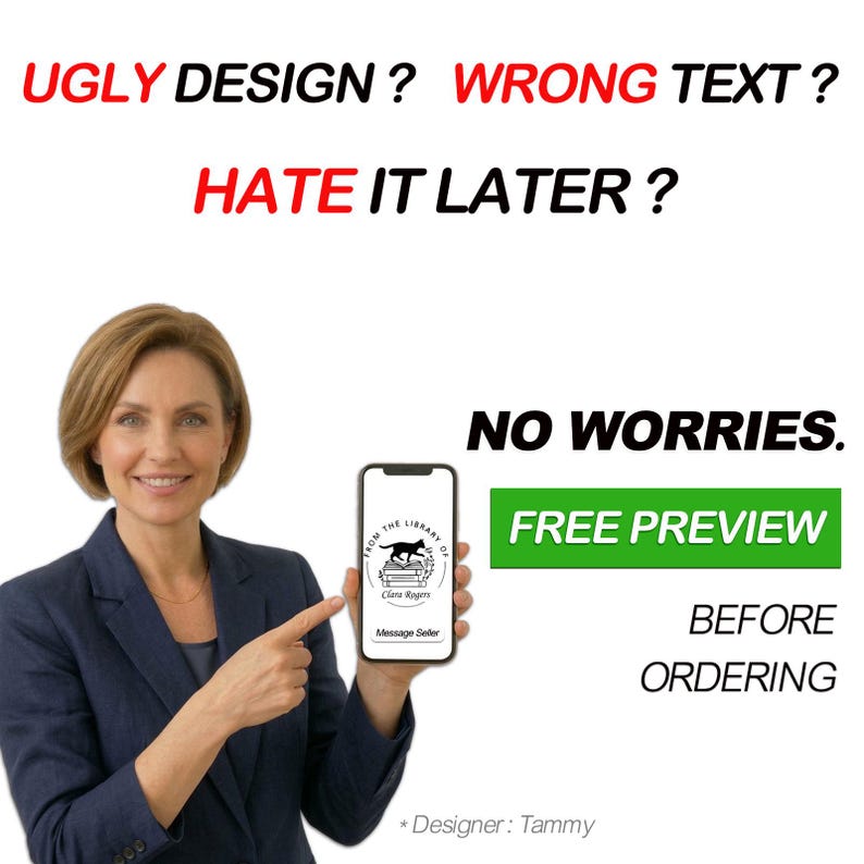 May include: A woman in a navy blazer points to a smartphone displaying a logo with a black cat. Text above reads "UGLY DESIGN? WRONG TEXT? HATE IT LATER?" and "NO WORRIES. FREE PREVIEW BEFORE ORDERING."