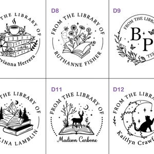 May include: A collection of six circular stamps with the text "FROM THE LIBRARY OF" encircling various illustrations. Designs include a stack of books with a coffee cup, flowers, initials, mountains, a deer, and a cat on a crescent moon.