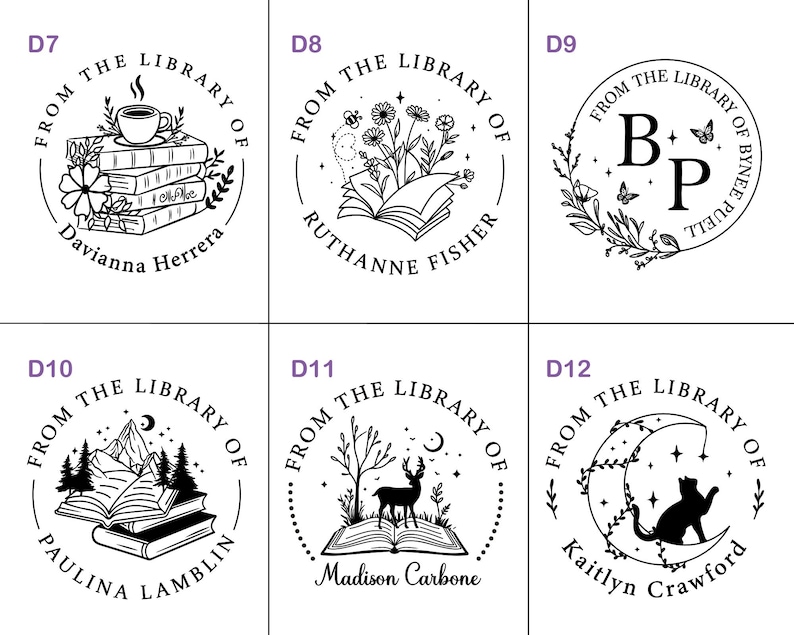 May include: A collection of six circular stamps with the text "FROM THE LIBRARY OF" encircling various illustrations. Designs include a stack of books with a coffee cup, flowers, initials, mountains, a deer, and a cat on a crescent moon.
