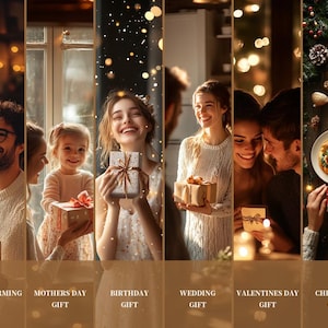 May include: A collage of images depicting gift-giving occasions. Scenes include a housewarming, Mother's Day, birthday, wedding, Valentine's Day, and Christmas. People are shown holding wrapped gifts, with text labels for each occasion.