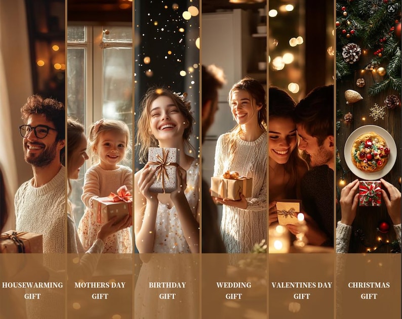 May include: A collage of images depicting gift-giving occasions. Scenes include a housewarming, Mother's Day, birthday, wedding, Valentine's Day, and Christmas. People are shown holding wrapped gifts, with text labels for each occasion.