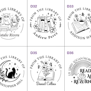 May include: A collection of six black and white library stamps with various designs. The stamps feature illustrations of an owl, books, a cat, flowers, and a rainbow, along with the text "From the Library of" and names.