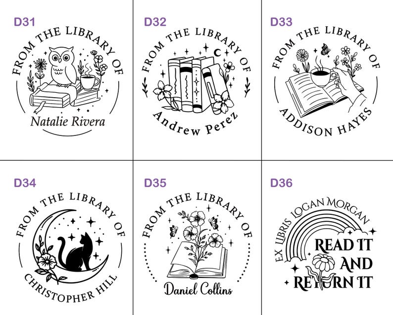 May include: A collection of six black and white library stamps with various designs. The stamps feature illustrations of an owl, books, a cat, flowers, and a rainbow, along with the text "From the Library of" and names.