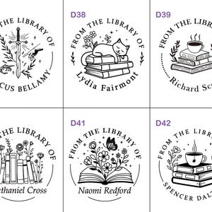 May include: A collection of six black and white library stamps with circular designs. Each stamp features the phrase "From the Library of" and a name, along with various illustrations such as a sword, cat, coffee cup, books, and flowers.