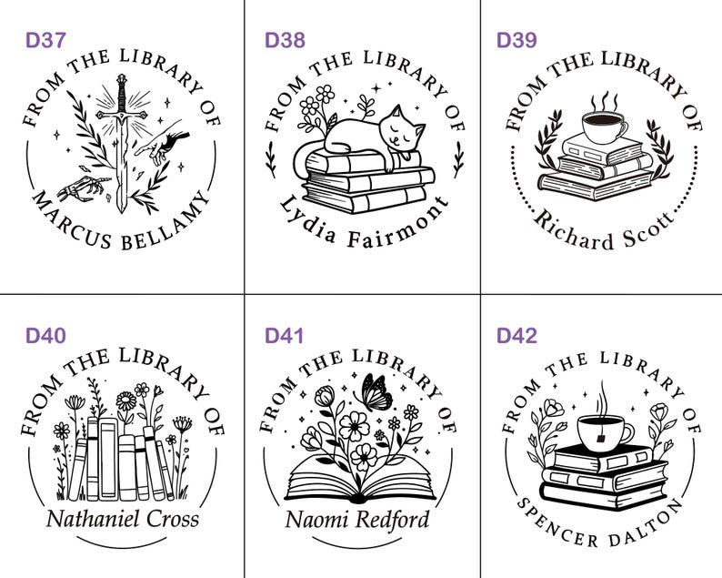 May include: A collection of six black and white library stamps with circular designs. Each stamp features the phrase "From the Library of" and a name, along with various illustrations such as a sword, cat, coffee cup, books, and flowers.
