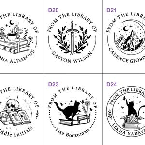 May include: A collection of six circular stamps with the text "FROM THE LIBRARY OF" and various illustrations. Designs include a teacup on books, a sword, mountains, a skull, a cat, and a cat with butterflies. Each stamp has a different name.