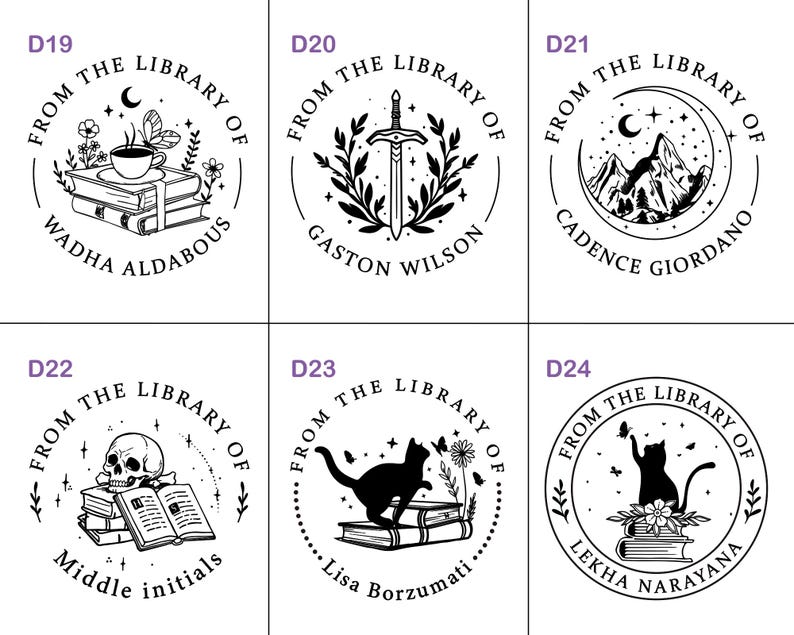 May include: A collection of six circular stamps with the text "FROM THE LIBRARY OF" and various illustrations. Designs include a teacup on books, a sword, mountains, a skull, a cat, and a cat with butterflies. Each stamp has a different name.