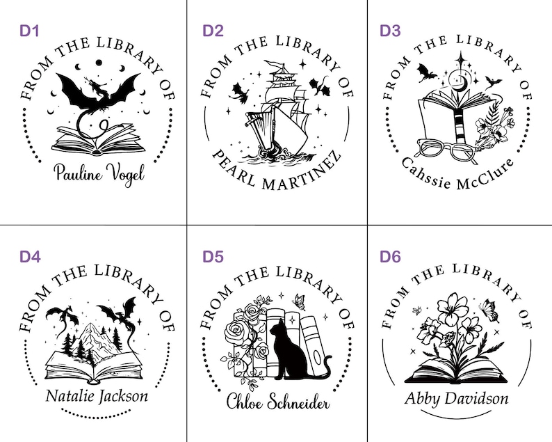 May include: A collection of six black and white circular stamps, each featuring the text "FROM THE LIBRARY OF" around a central design. Designs include a bat over a book, a ship, an open book with glasses, a mountain scene, a cat with books, and flowers.