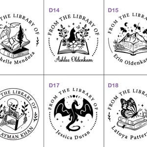 May include: A collection of six black and white circular stamps with the text "FROM THE LIBRARY OF" around various illustrations. The illustrations include a dragon, cat, mountain, skeleton, dragon, and butterfly.