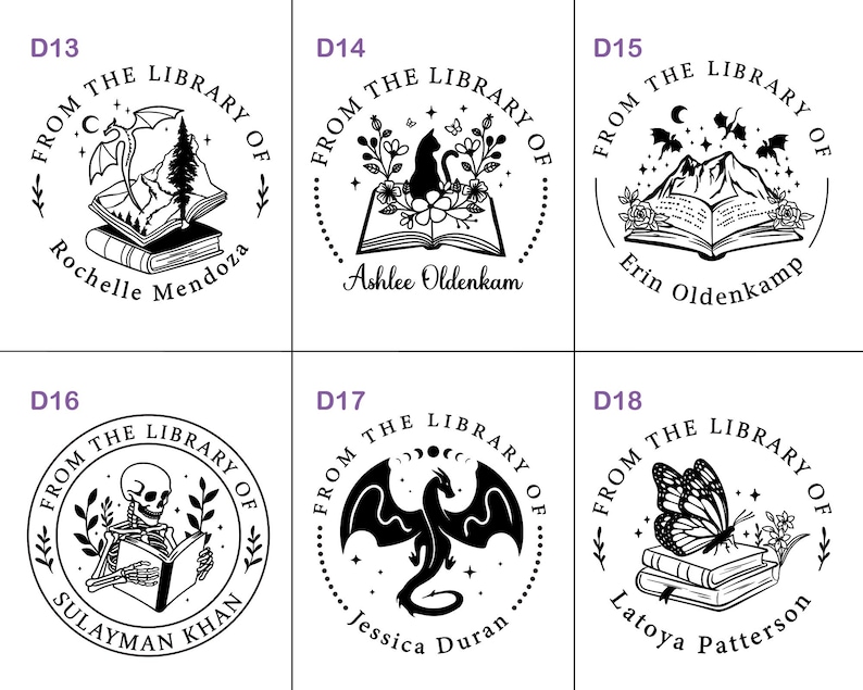 May include: A collection of six black and white circular stamps with the text "FROM THE LIBRARY OF" around various illustrations. The illustrations include a dragon, cat, mountain, skeleton, dragon, and butterfly.