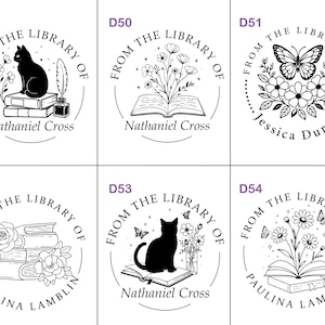 May include: A collection of six round library stamps with various designs. Each stamp features the text "FROM THE LIBRARY OF" and a name. Designs include a cat, flowers, a butterfly, books, and floral arrangements.
