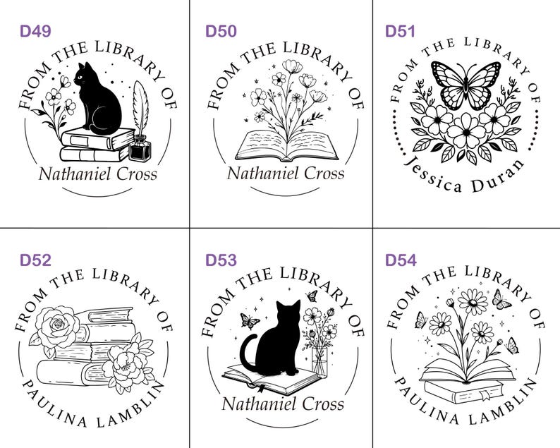May include: A collection of six round library stamps with various designs. Each stamp features the text "FROM THE LIBRARY OF" and a name. Designs include a cat, flowers, a butterfly, books, and floral arrangements.
