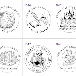 May include: A collection of six black and white library stamps with various designs. Each stamp is circular and features the text "FROM THE LIBRARY OF" along with different illustrations, including books, feathers, and floral elements. Names are included.
