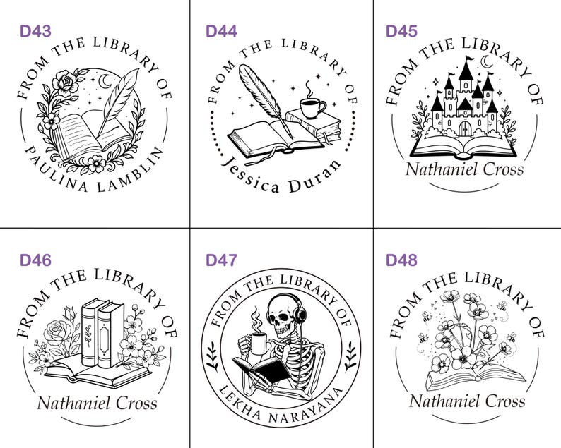 May include: A collection of six black and white library stamps with various designs. Each stamp is circular and features the text "FROM THE LIBRARY OF" along with different illustrations, including books, feathers, and floral elements. Names are included.