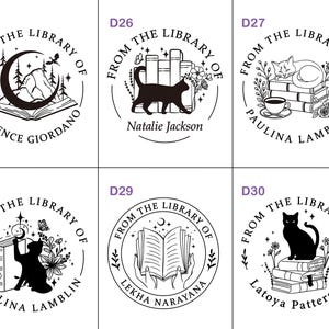 May include: A collection of six circular stamps with the text "FROM THE LIBRARY OF" and various illustrations. Designs include a cat, books, a moon, and floral elements. Each stamp features a different name.