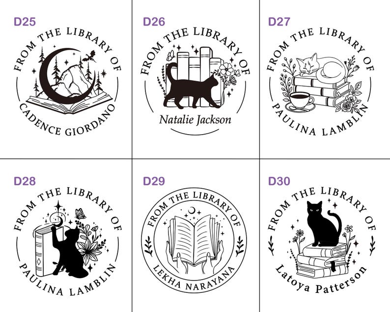 May include: A collection of six circular stamps with the text "FROM THE LIBRARY OF" and various illustrations. Designs include a cat, books, a moon, and floral elements. Each stamp features a different name.