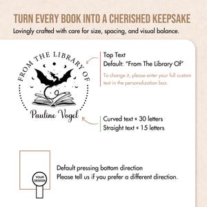 May include: A design for a custom library stamp. The stamp features a circular design with the text "From The Library Of" and the name "Pauline Vogel". A dragon is above an open book. The text "Turn Every Book Into a Cherished Keepsake" is at the top.