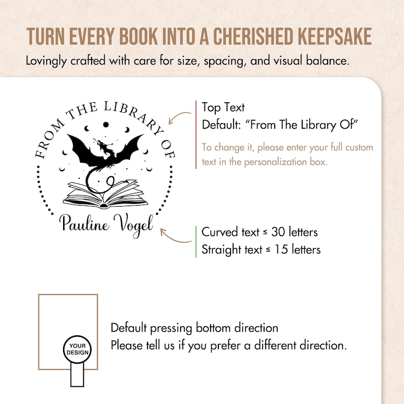 May include: A design for a custom library stamp. The stamp features a circular design with the text "From The Library Of" and the name "Pauline Vogel". A dragon is above an open book. The text "Turn Every Book Into a Cherished Keepsake" is at the top.
