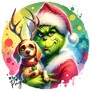 Acquerello cattivo ragazzo verde png, Natale brontolone png, cattivo personaggio di Natale verde png, brontolone png, Natale Grump che tiene in braccio un cane png