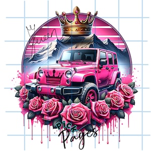 May include: Pink Jeep with a gold crown on top, surrounded by pink roses and dripping pink paint. The text "My Queen" is written in a pink script on the background. The text "Pick Pages" is written in black at the bottom of the image.