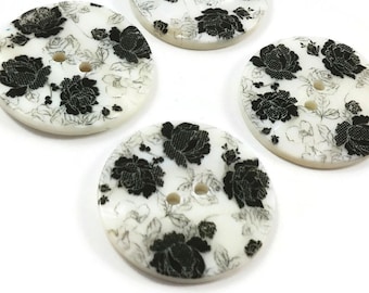 4 Mother of pearl shell buttons, 30mm floral sewing buttons, Natural black flower buttons