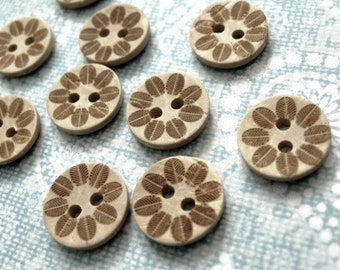 10 coconut shell buttons, 12mm rustic leaf sewing buttons, Small botanical wooden buttons