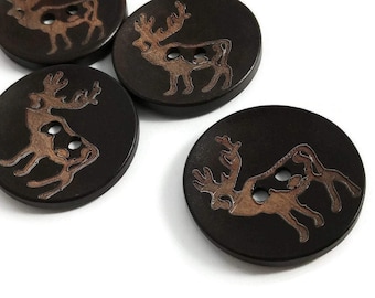 Rustic elk wooden button, 40mm big sewing button, 4 brown button for knitting, Deer woodland supplies