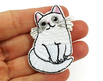 White cat iron on patch, Embroidered sew on patch, Cat lover applique