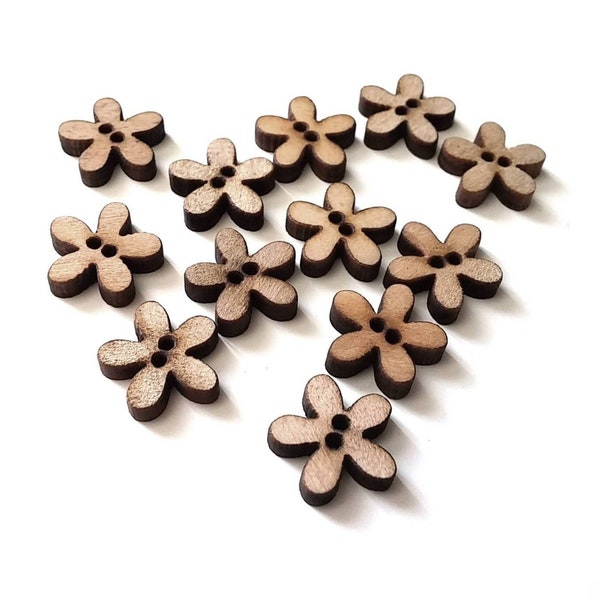 Tiny Flower Shape Buttons, Novelty wooden sewing buttons, Natural unfinished wood buttons, Bulk set of 12