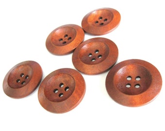 30mm wooden buttons, Red brown sewing buttons, 6 natural knitting buttons