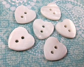 Heart shape MOP buttons - Mother of Pearl Shell Buttons 12mm - set of 6 white buttons