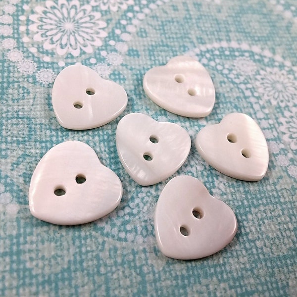 Heart shape MOP buttons - Mother of Pearl Shell Buttons 12mm - set of 6 white buttons