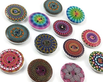 12 boho sewing buttons, 20mm assorted wooden buttons, Decorative craft buttons