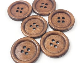 25mm wooden buttons, 1 inch wood sewing buttons, 6 brown buttons for knitting