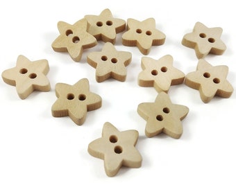 Wooden star shaped buttons, Novelty sewing buttons, Natural unfinished wood buttons 12mm