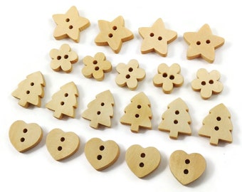 Novelty wooden sewing buttons, Pine tree, heart, flower, star, giraffe, Natural unfinished wood buttons